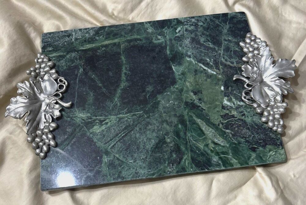 Vintage 1991 Seagull Pewter Grape Green Marble Cutting Charcuterie Board 9"x12"